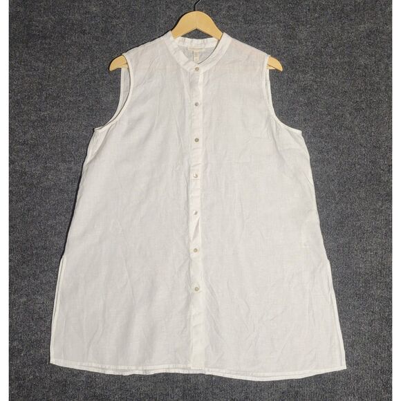 Eileen Fisher Tops - Eileen Fisher Womens Organic Linen Sleeveless Shirt L White Mandarin Collar